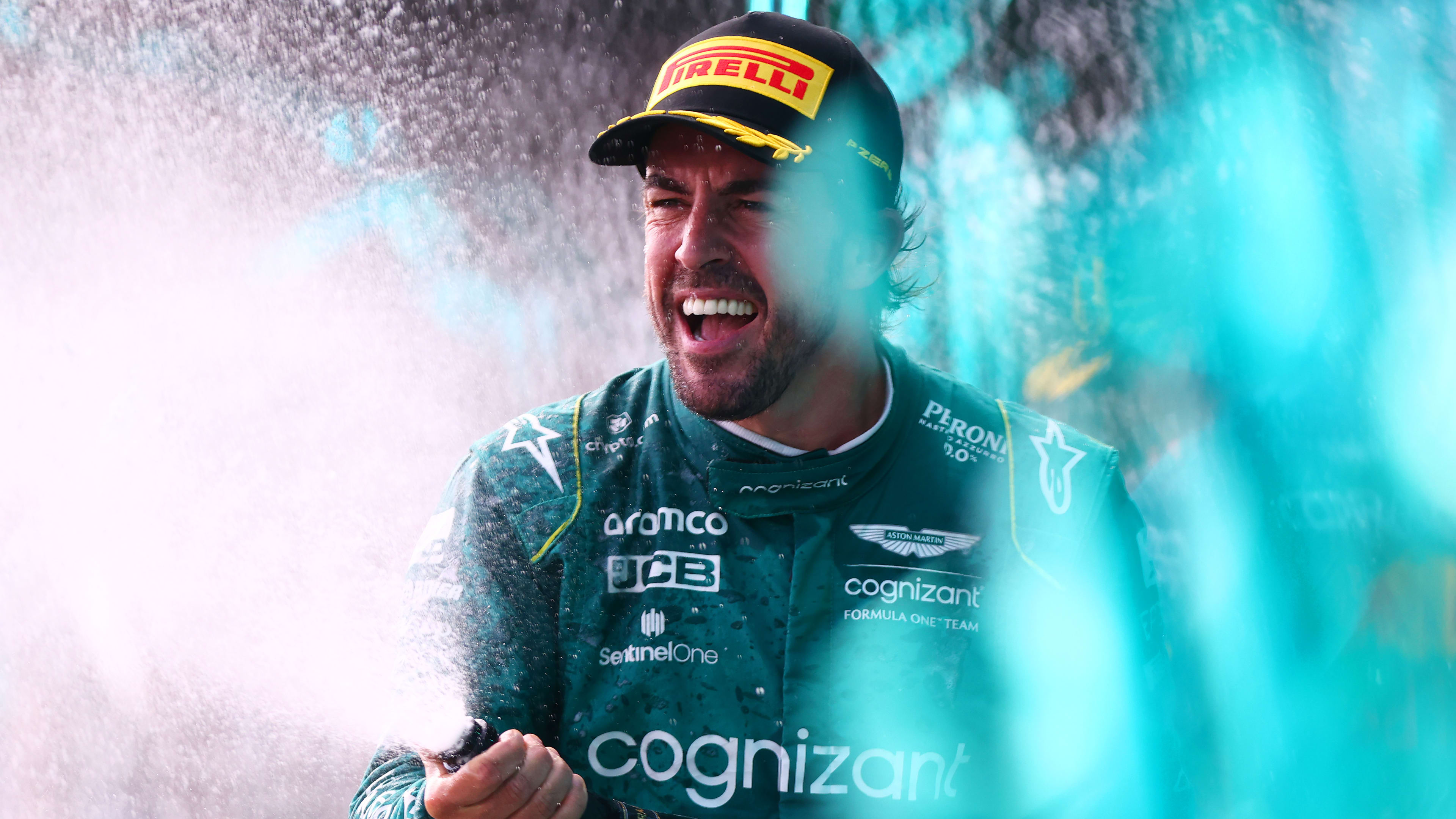 MIAMI, FLORIDA - MAY 07: Third placed Fernando Alonso of Spain and Aston Martin F1 Team celebrates