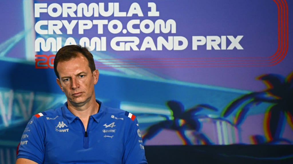 MIAMI, FLORIDA - MAY 07: Laurent Rossi, CEO of Alpine F1 talks in the Team Principals Press